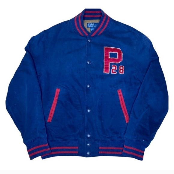 Vintage Polo Ralph Lauren USA 1928 Spellout Bomber Snap Up Jacket PRL Large Blue - Picture 2 of 11